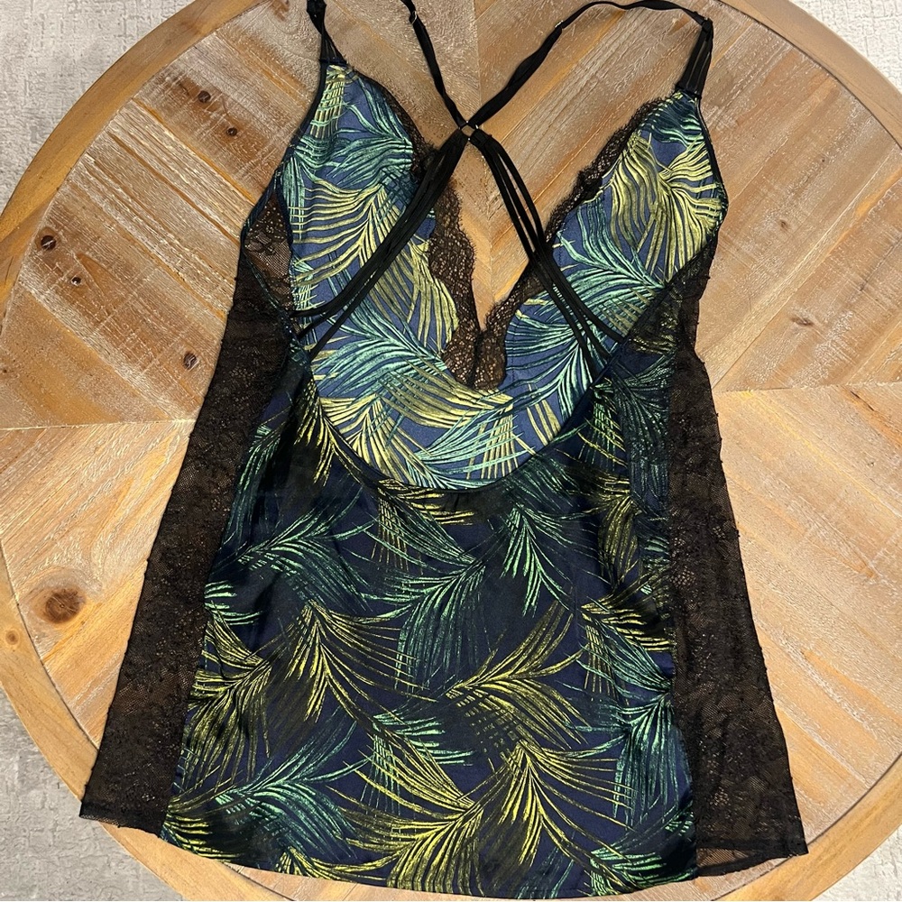 Victorias Secret Navy Palm Leaf Lace Silk chemise slip Large - Picture 2 of 6